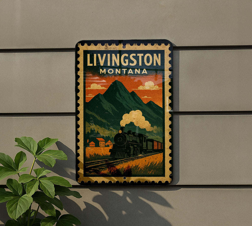 Livingston Montana Metal Sign – Retro Postage Stamp Design Featuring Mountains, Train Depot, and Scenic Landscape — photo 5