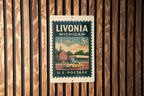 Livonia Michigan Metal Sign Featuring Retro Postage Stamp Design with City Name and Iconic Local Landmarks — photo 1