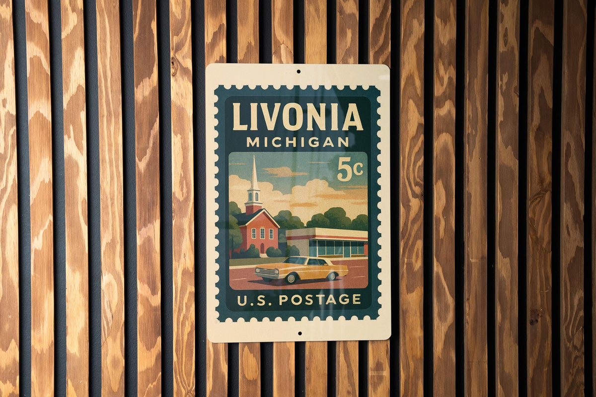 Livonia Michigan Metal Sign Featuring Retro Postage Stamp Design with City Name and Iconic Local Landmarks — photo 1