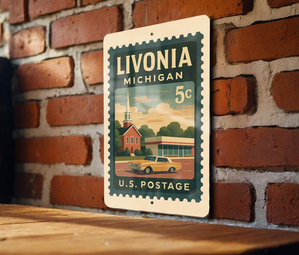 Livonia Michigan Metal Sign Featuring Retro Postage Stamp Design with City Name and Iconic Local Landmarks — photo 2