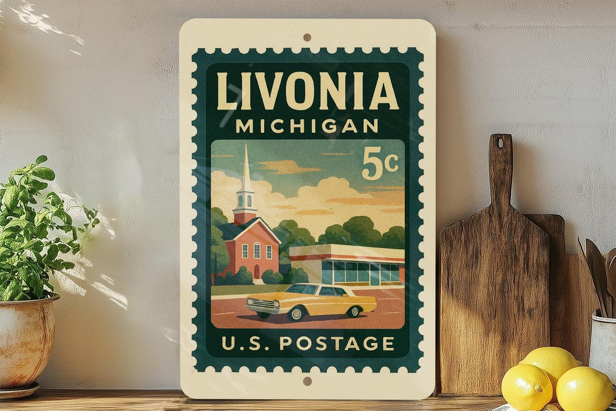 Livonia Michigan Metal Sign Featuring Retro Postage Stamp Design with City Name and Iconic Local Landmarks — photo 3