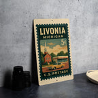 Livonia Michigan Metal Sign Featuring Retro Postage Stamp Design with City Name and Iconic Local Landmarks — photo 4