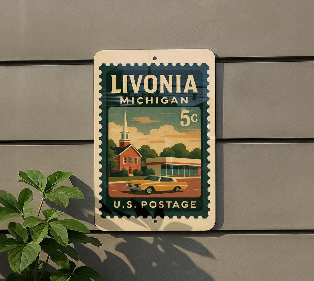 Livonia Michigan Metal Sign Featuring Retro Postage Stamp Design with City Name and Iconic Local Landmarks — photo 5