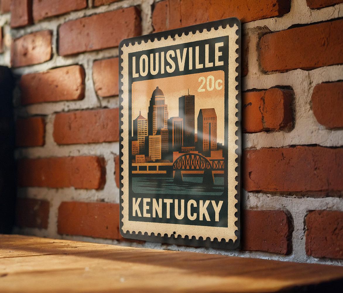 Louisville Kentucky Metal Sign Featuring Retro Postage Stamp Design with City Landmarks and Scenic Views — photo 3