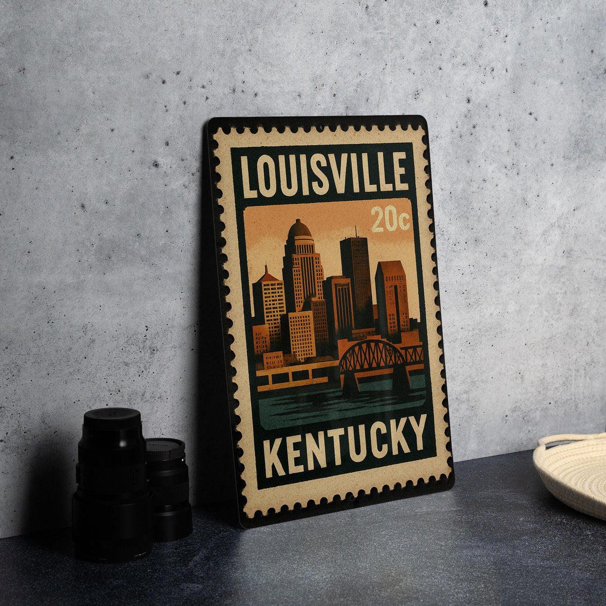 Louisville Kentucky Metal Sign Featuring Retro Postage Stamp Design with City Landmarks and Scenic Views — photo 4