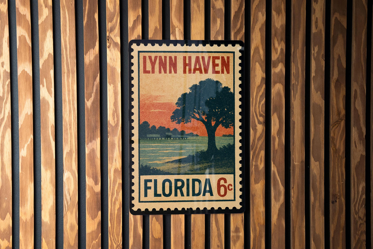 Lynn Haven Florida Metal Sign Featuring Retro Postage Stamp Design of Coastal Town Scene — photo 1