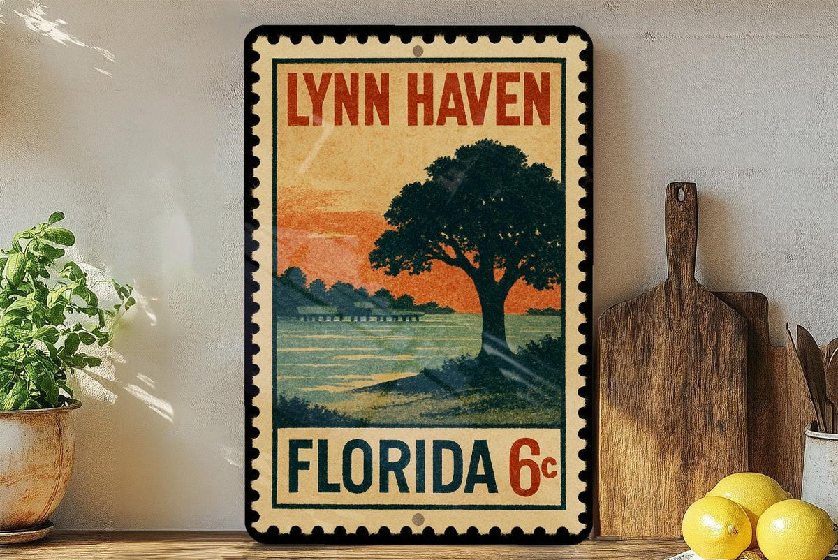 Lynn Haven Florida Metal Sign Featuring Retro Postage Stamp Design of Coastal Town Scene — photo 2