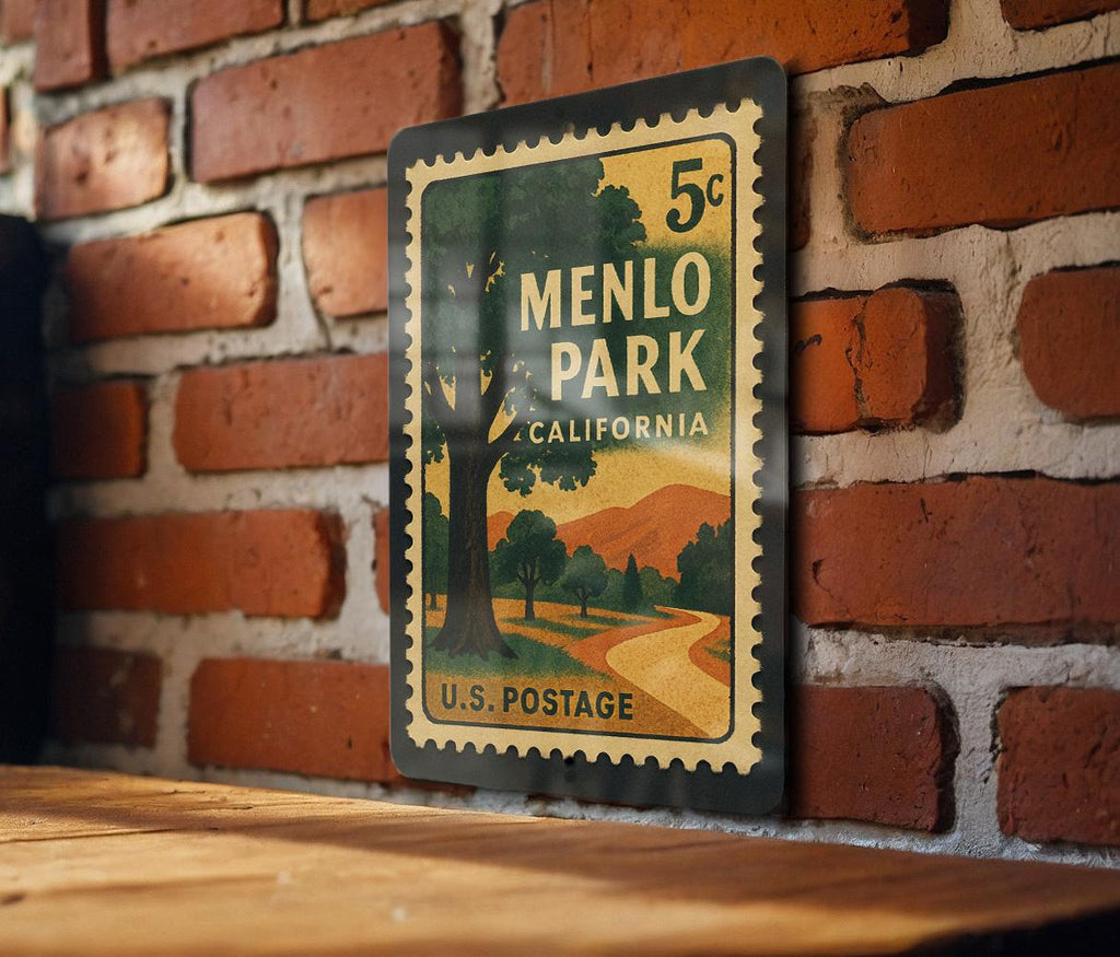 Menlo Park California Metal Sign – Retro Postage Stamp Design Featuring Local Landmark and City Name Decor — photo 1