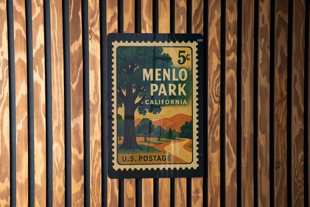 Menlo Park California Metal Sign – Retro Postage Stamp Design Featuring Local Landmark and City Name Decor — photo 2