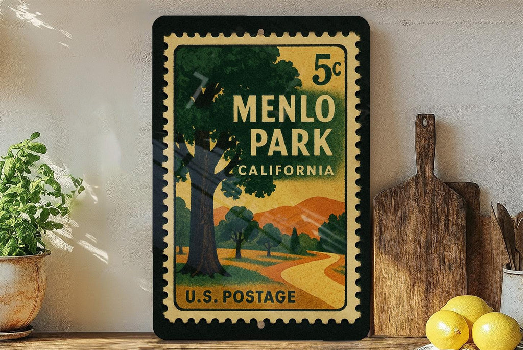 Menlo Park California Metal Sign – Retro Postage Stamp Design Featuring Local Landmark and City Name Decor — photo 3