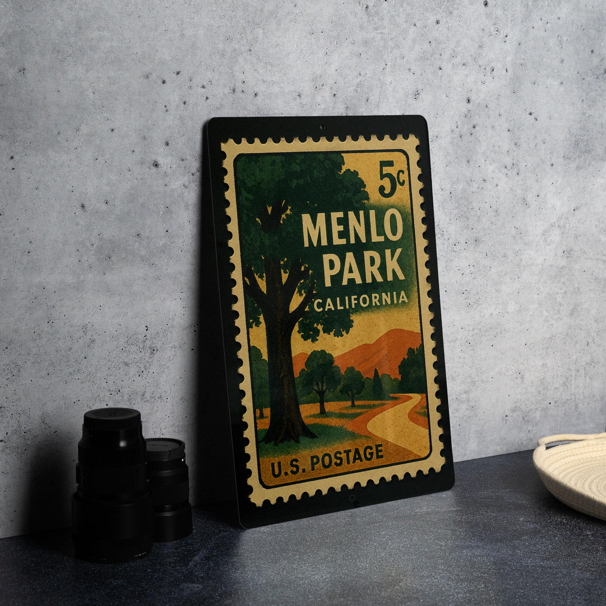 Menlo Park California Metal Sign – Retro Postage Stamp Design Featuring Local Landmark and City Name Decor — photo 4