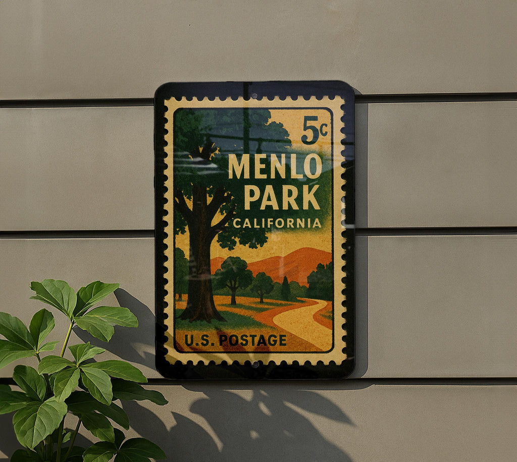 Menlo Park California Metal Sign – Retro Postage Stamp Design Featuring Local Landmark and City Name Decor — photo 5