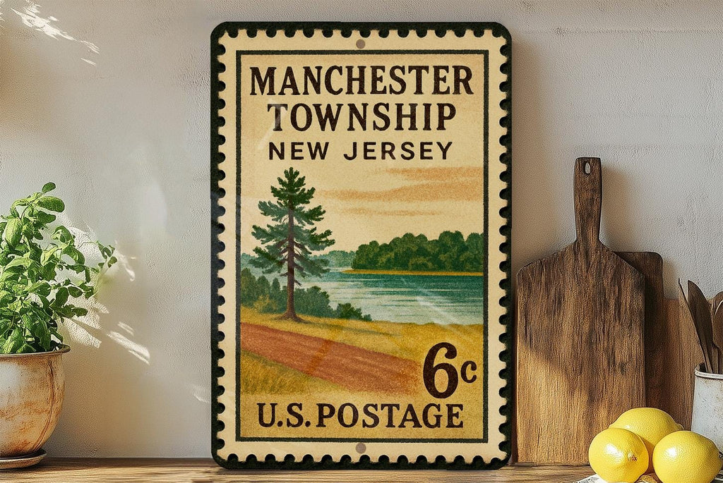 Manchester Township NE Metal Sign – Retro Postage Stamp Design Featuring Town Name and Vintage Travel Theme Decor — photo 1
