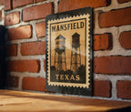 Mansfield Texas Metal Sign Featuring Retro Postage Stamp Design of City Landmarks and Scenic Elements — photo 1