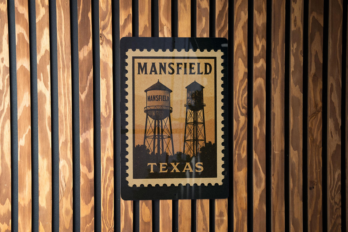 Mansfield Texas Metal Sign Featuring Retro Postage Stamp Design of City Landmarks and Scenic Elements — photo 2