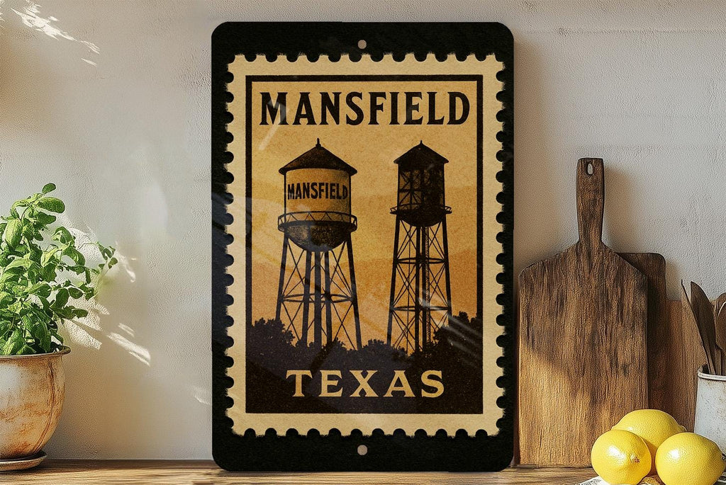 Mansfield Texas Metal Sign Featuring Retro Postage Stamp Design of City Landmarks and Scenic Elements — photo 3