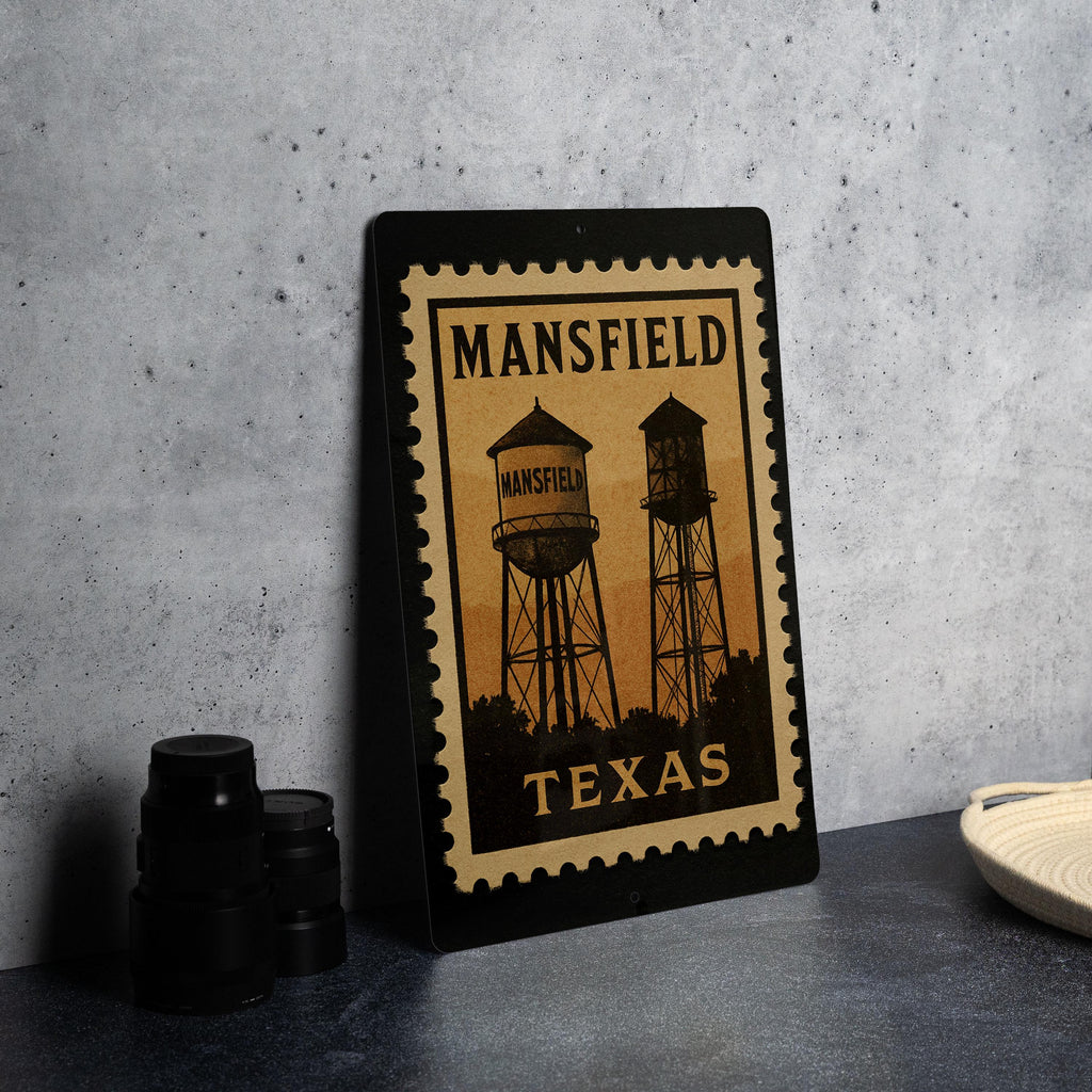 Mansfield Texas Metal Sign Featuring Retro Postage Stamp Design of City Landmarks and Scenic Elements — photo 4
