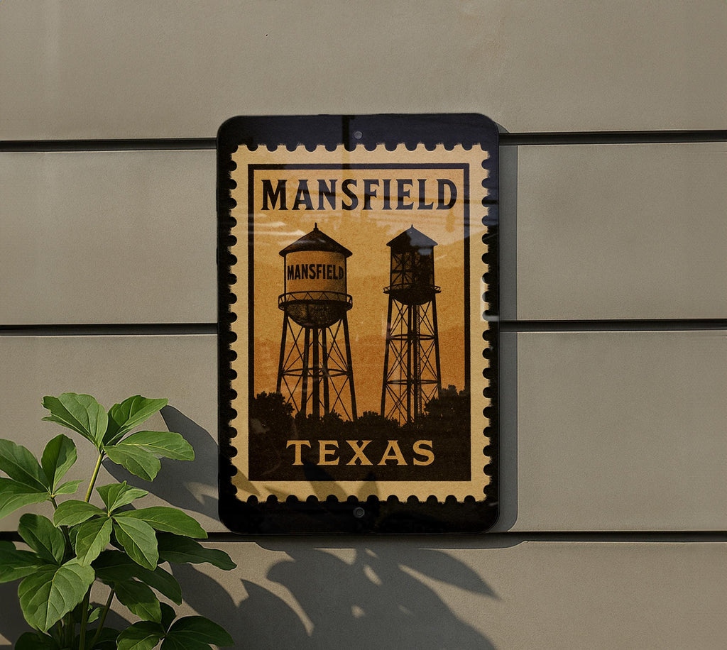 Mansfield Texas Metal Sign Featuring Retro Postage Stamp Design of City Landmarks and Scenic Elements — photo 5