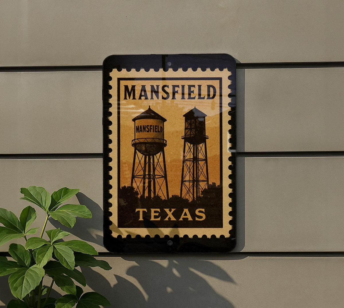 Mansfield Texas Metal Sign Featuring Retro Postage Stamp Design of City Landmarks and Scenic Elements — photo 5