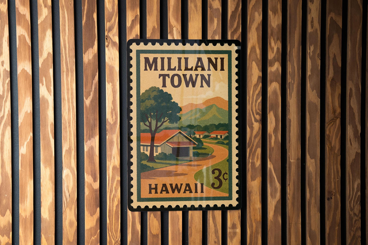 Mililani Town Hawaii Metal Sign – Retro Postage Stamp Design Featuring Hawaiian Landscape and Island Vibes Decor — photo 1