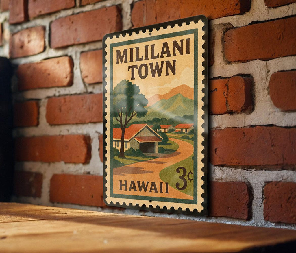 Mililani Town Hawaii Metal Sign – Retro Postage Stamp Design Featuring Hawaiian Landscape and Island Vibes Decor — photo 3