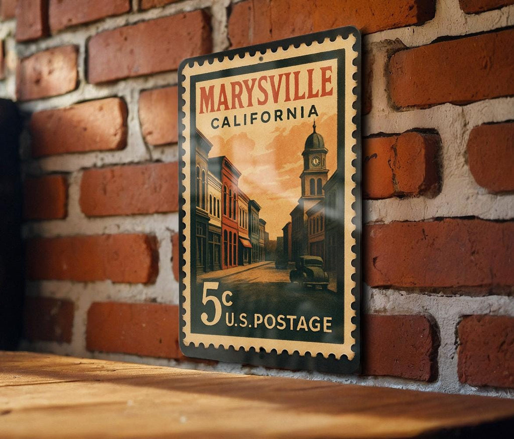 Marysville California Metal Sign – Retro Postage Stamp Design Featuring Historic Town Scene and Landmarks — photo 1