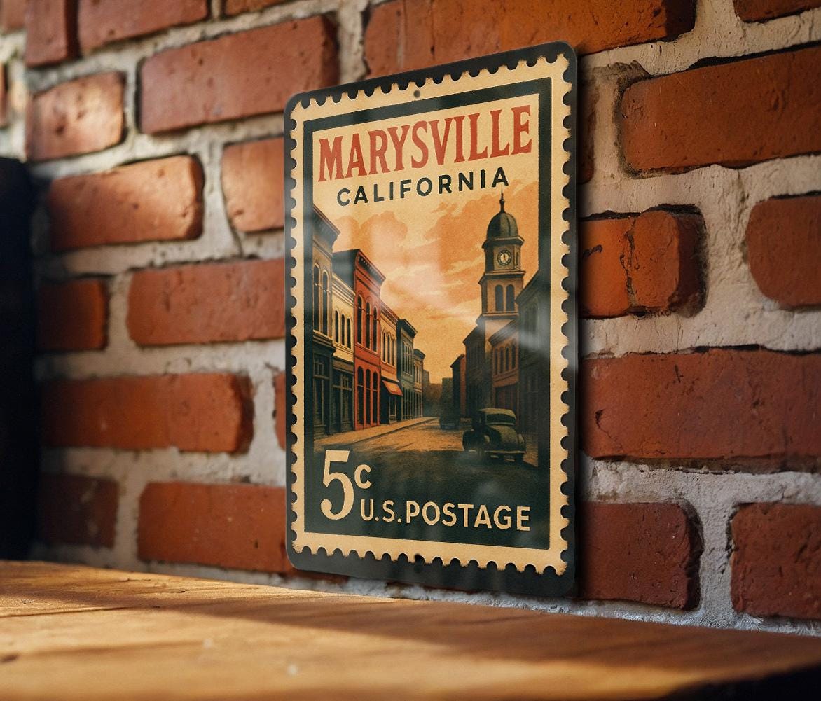 Marysville California Metal Sign – Retro Postage Stamp Design Featuring Historic Town Scene and Landmarks — photo 1