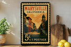 Marysville California Metal Sign – Retro Postage Stamp Design Featuring Historic Town Scene and Landmarks — photo 2