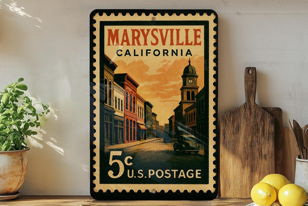 Marysville California Metal Sign – Retro Postage Stamp Design Featuring Historic Town Scene and Landmarks — photo 2