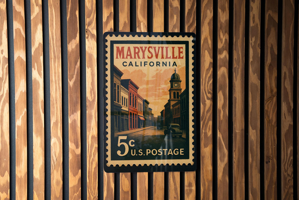 Marysville California Metal Sign – Retro Postage Stamp Design Featuring Historic Town Scene and Landmarks — photo 3