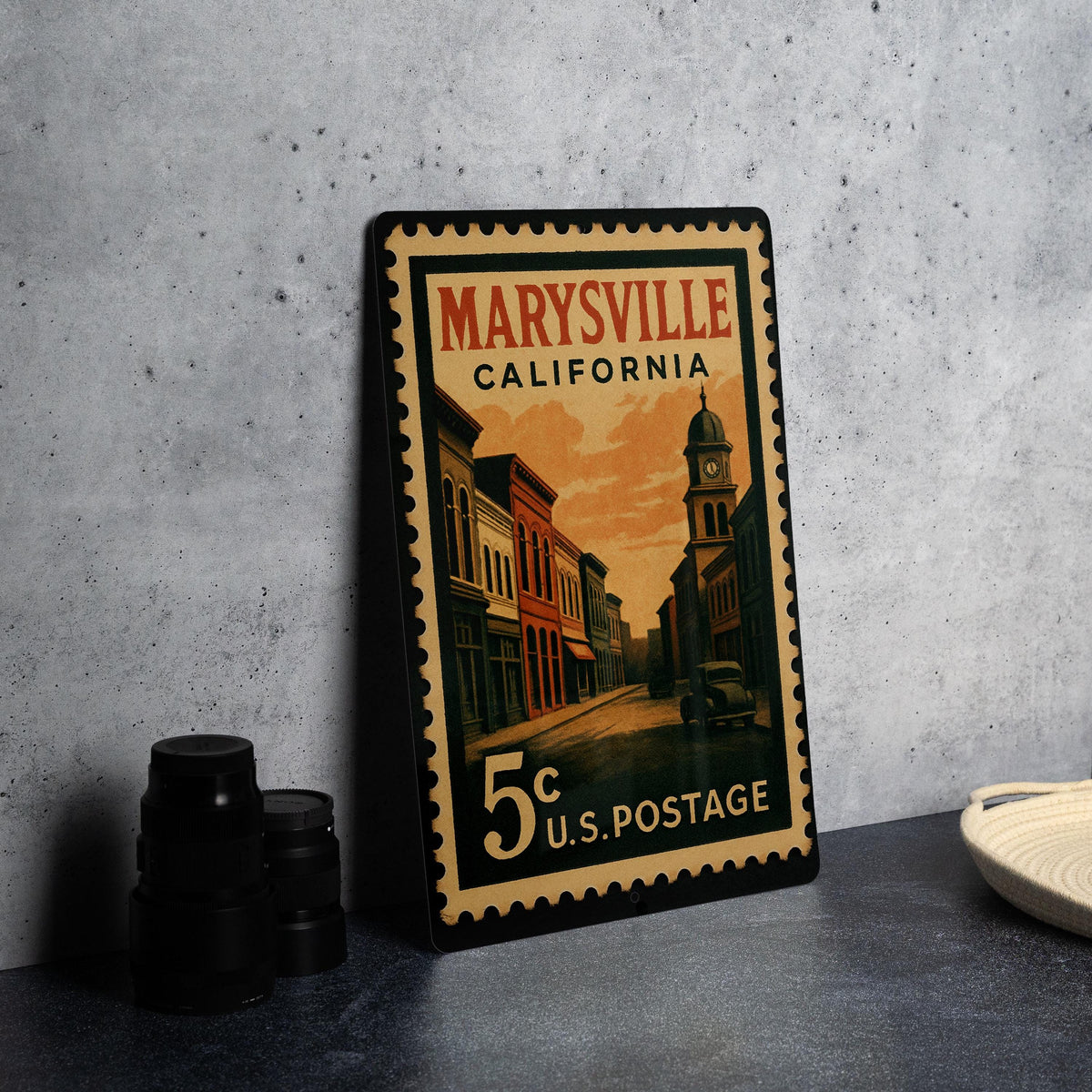 Marysville California Metal Sign – Retro Postage Stamp Design Featuring Historic Town Scene and Landmarks — photo 4
