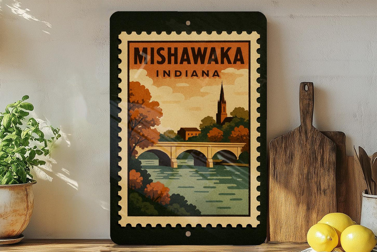 Mishawaka Indiana Metal Sign – Retro Postage Stamp Design Featuring City Name and Vintage Travel Theme — photo 1