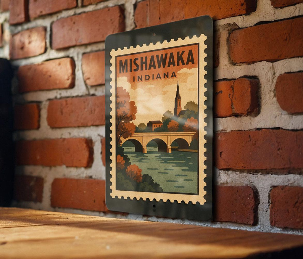 Mishawaka Indiana Metal Sign – Retro Postage Stamp Design Featuring City Name and Vintage Travel Theme — photo 2