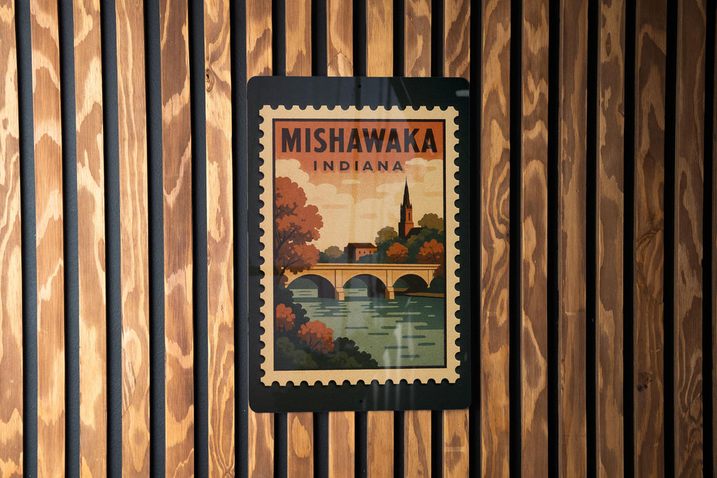Mishawaka Indiana Metal Sign – Retro Postage Stamp Design Featuring City Name and Vintage Travel Theme — photo 3