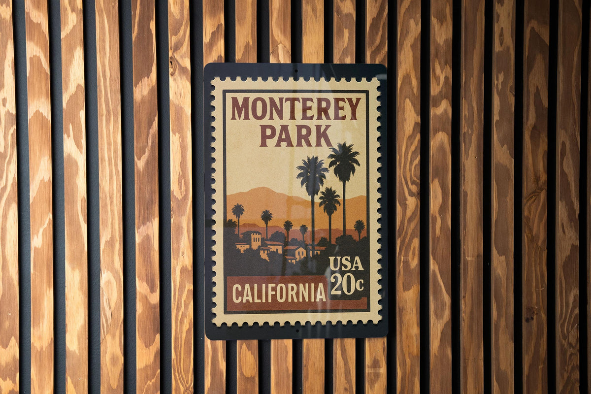 Monterey Park California Metal Sign Featuring Retro Postage Stamp Design – Vintage City Scene Wall Decor — photo 1