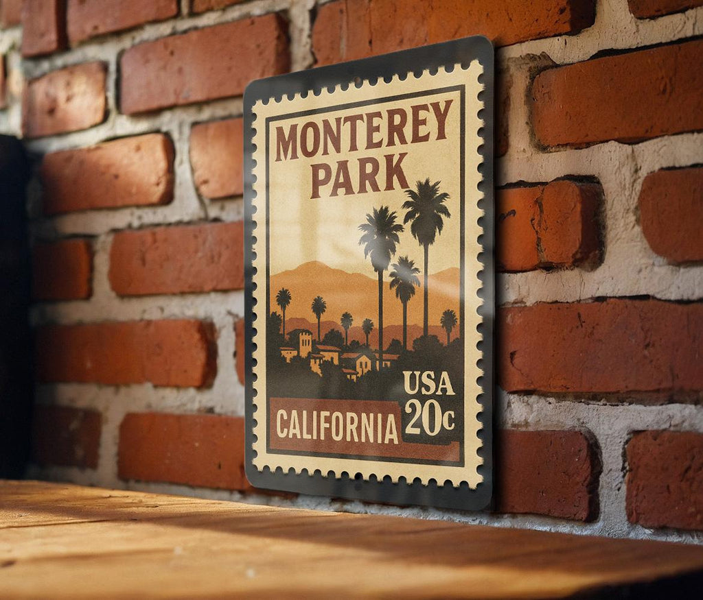 Monterey Park California Metal Sign Featuring Retro Postage Stamp Design – Vintage City Scene Wall Decor — photo 2