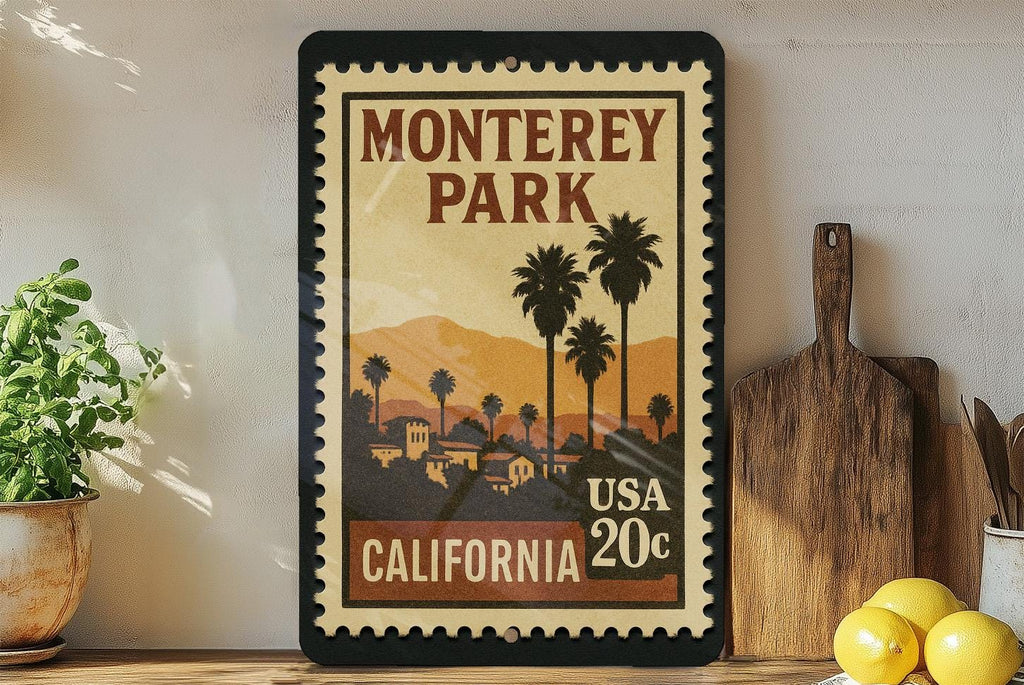 Monterey Park California Metal Sign Featuring Retro Postage Stamp Design – Vintage City Scene Wall Decor — photo 3