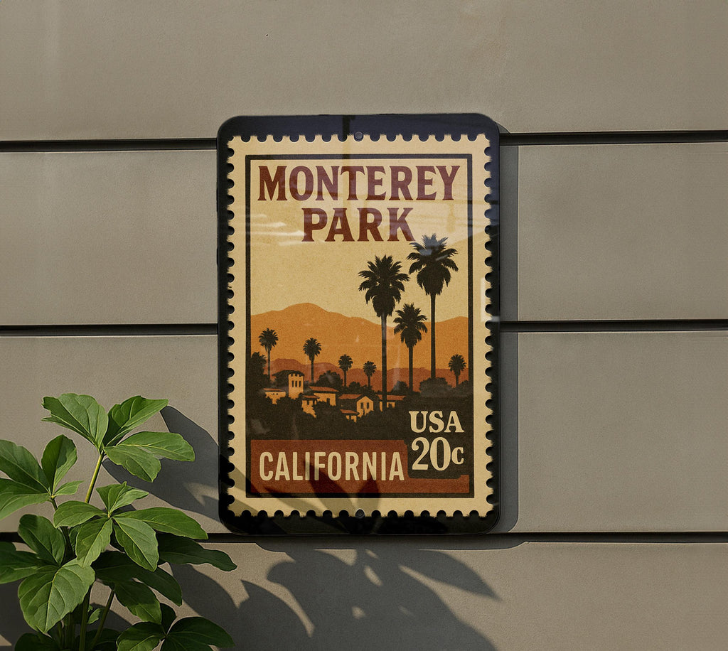 Monterey Park California Metal Sign Featuring Retro Postage Stamp Design – Vintage City Scene Wall Decor — photo 5
