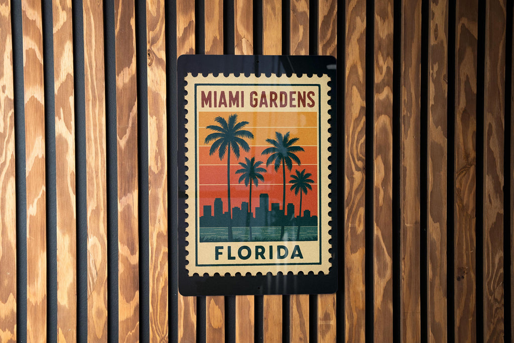 Miami Gardens Florida Metal Sign Featuring Retro Postage Stamp Design, Vintage Miami Gardens Wall Decor Sign — photo 1