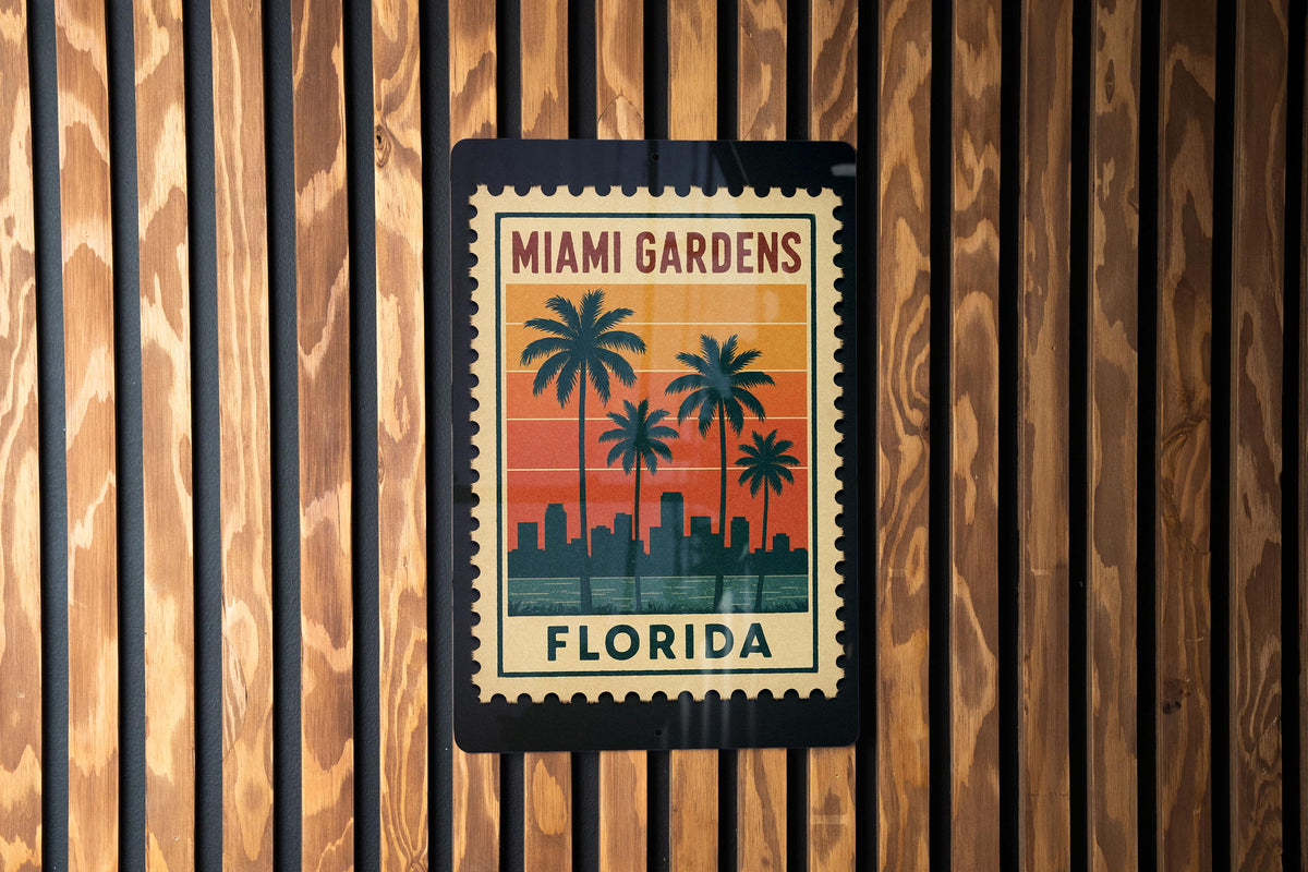 Miami Gardens Florida Metal Sign Featuring Retro Postage Stamp Design, Vintage Miami Gardens Wall Decor Sign — photo 1
