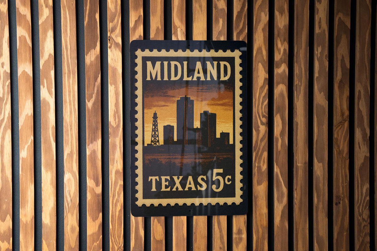 Midland Texas Metal Sign Featuring Retro Postage Stamp Design of City Skyline and Iconic Landmarks — photo 1