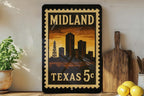 Midland Texas Metal Sign Featuring Retro Postage Stamp Design of City Skyline and Iconic Landmarks — photo 2