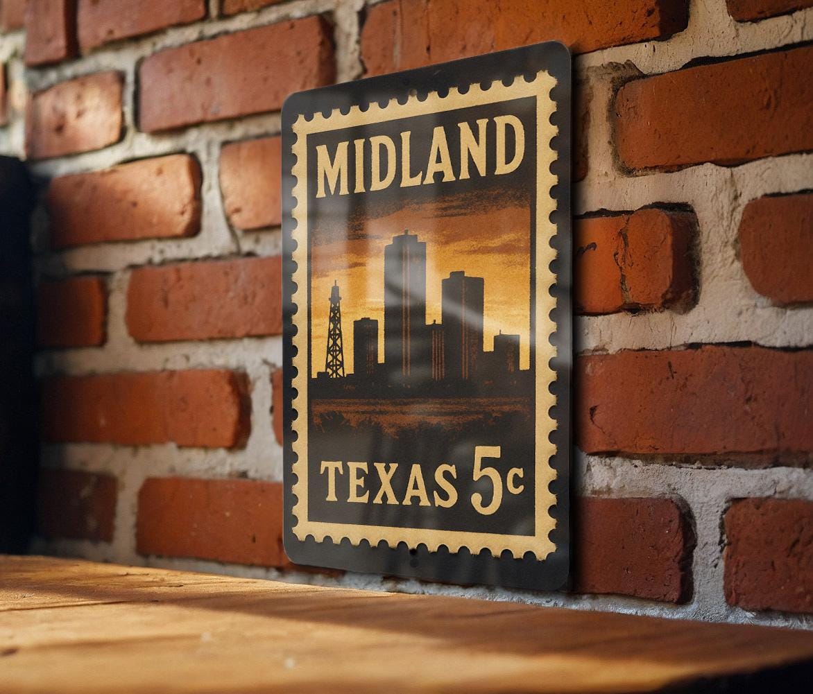 Midland Texas Metal Sign Featuring Retro Postage Stamp Design of City Skyline and Iconic Landmarks — photo 3