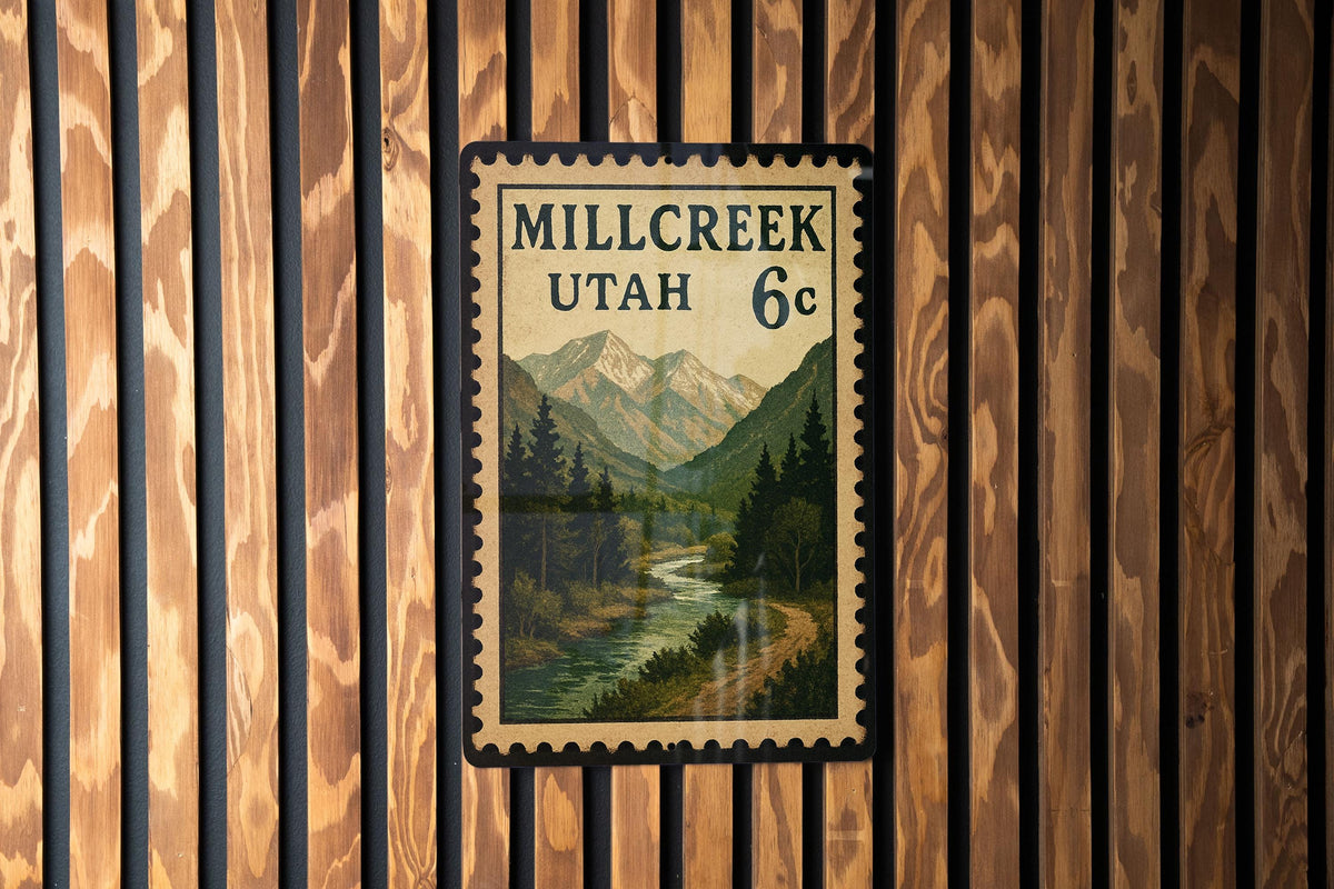 Millcreek Utah Metal Sign – Retro Postage Stamp Design Featuring Scenic Mountain Town and Nature Elements — photo 1