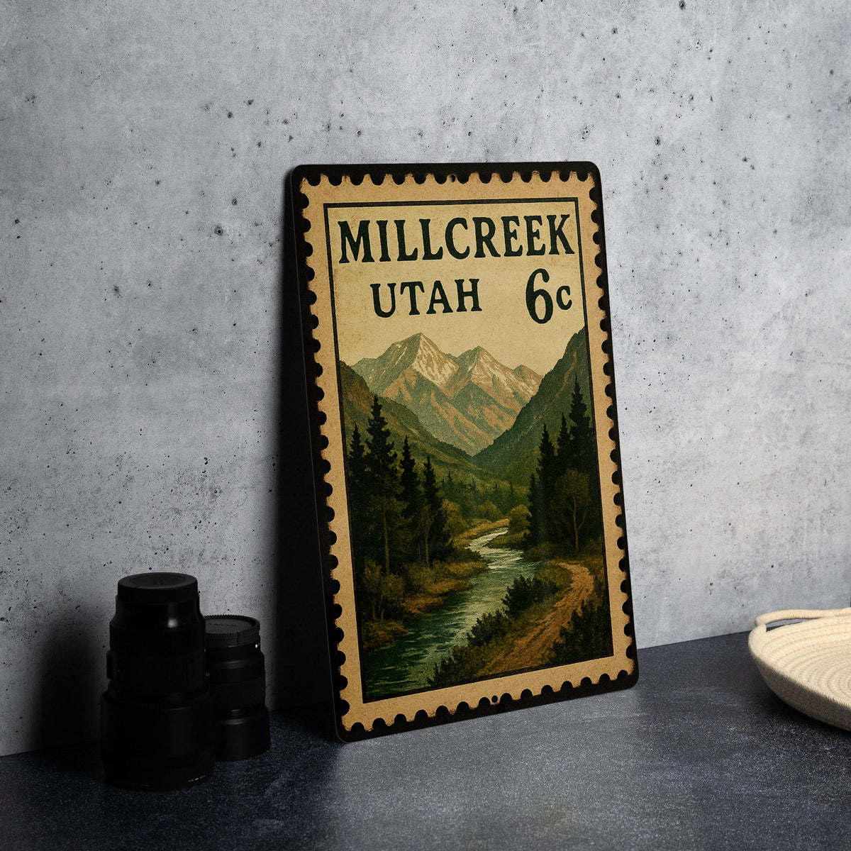 Millcreek Utah Metal Sign – Retro Postage Stamp Design Featuring Scenic Mountain Town and Nature Elements — photo 4