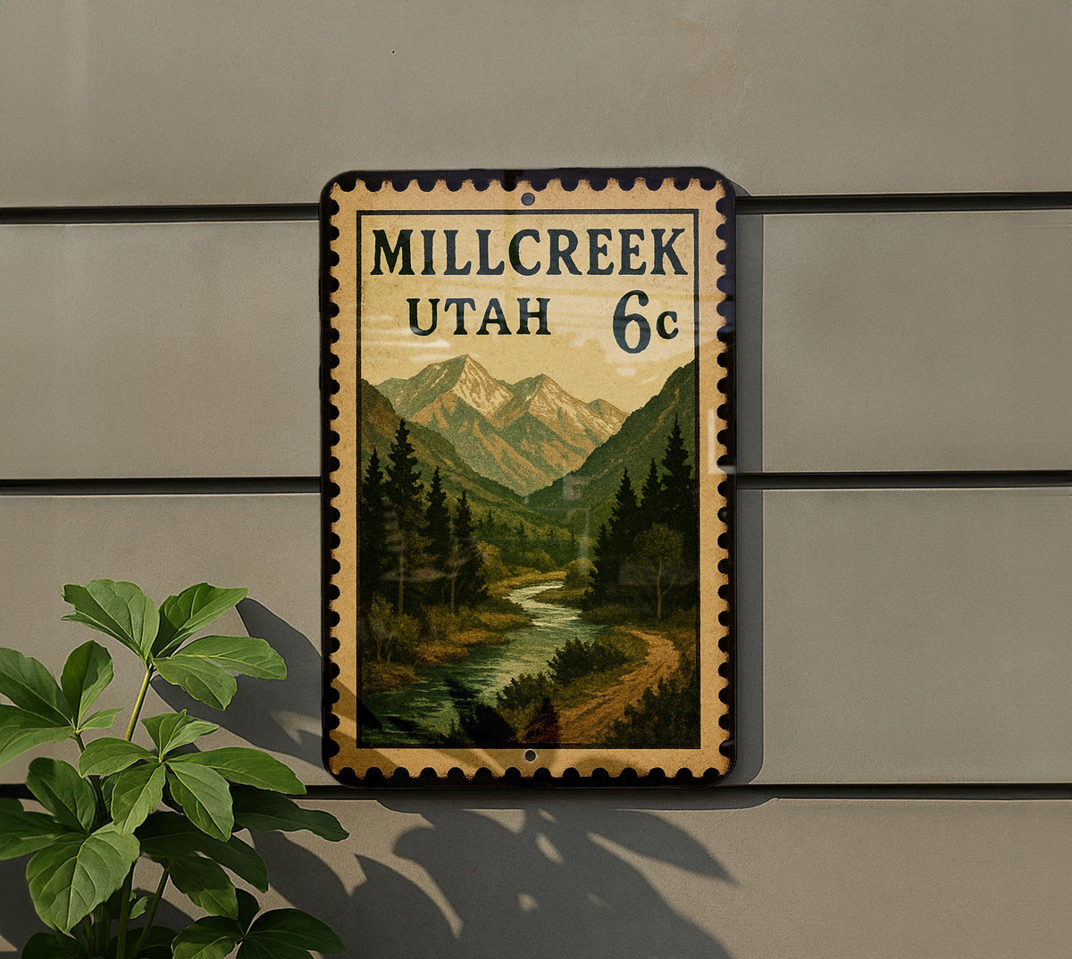 Millcreek Utah Metal Sign – Retro Postage Stamp Design Featuring Scenic Mountain Town and Nature Elements — photo 5