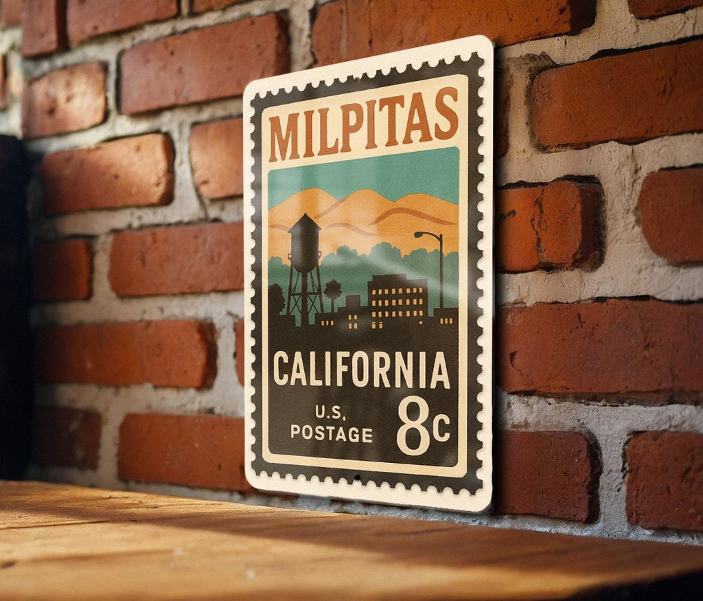 Milpitas California Metal Sign Featuring Retro Postage Stamp Design with Cityscape and Landmark Illustration — photo 1
