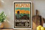 Milpitas California Metal Sign Featuring Retro Postage Stamp Design with Cityscape and Landmark Illustration — photo 2