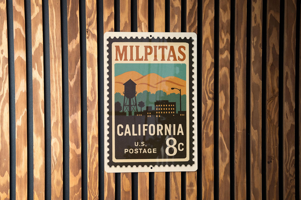 Milpitas California Metal Sign Featuring Retro Postage Stamp Design with Cityscape and Landmark Illustration — photo 3