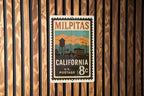 Milpitas California Metal Sign Featuring Retro Postage Stamp Design with Cityscape and Landmark Illustration — photo 3